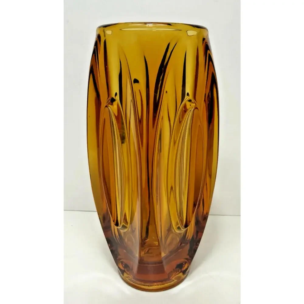 SKLO Vase Amber Yellow Glass Bullet Lens 8"H Czech 60s Mid Mod MCM Hand Blown - Picture 2 of 15